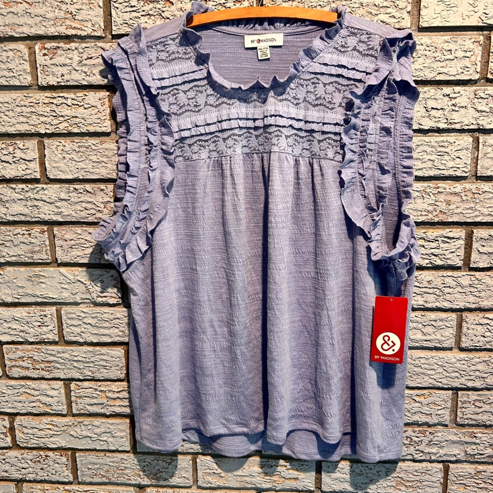 89th & Madison Women XXL Blue Lace Yoke Ruffle Sleeveless Knit Top NWT